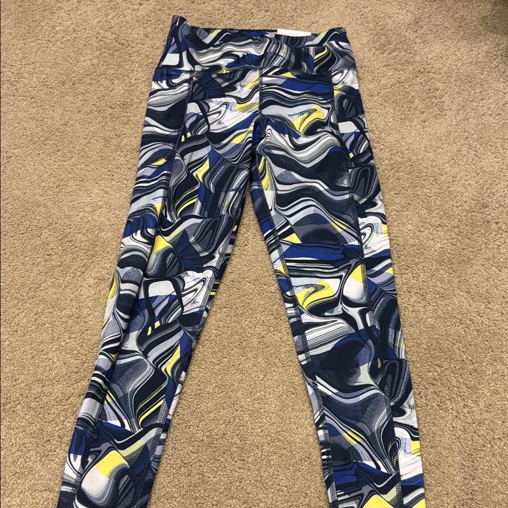 New Calvin Klein Swirl Pattern Performance Leggings - Blue, Yellow, White -S